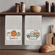 2pcs Light Brown Vertical Stripe Truck & Pumpkin Pattern Kitchen Towels, 40*60cm Soft Microfiber Tea Towels, Suitable For Home Kitchen Restaurant Outdoor Camping Tabletop Cleaning Dish Cloth Hand Towel Accessories, Autumn Atmosphere Holiday Gift - Multicolor - View 1