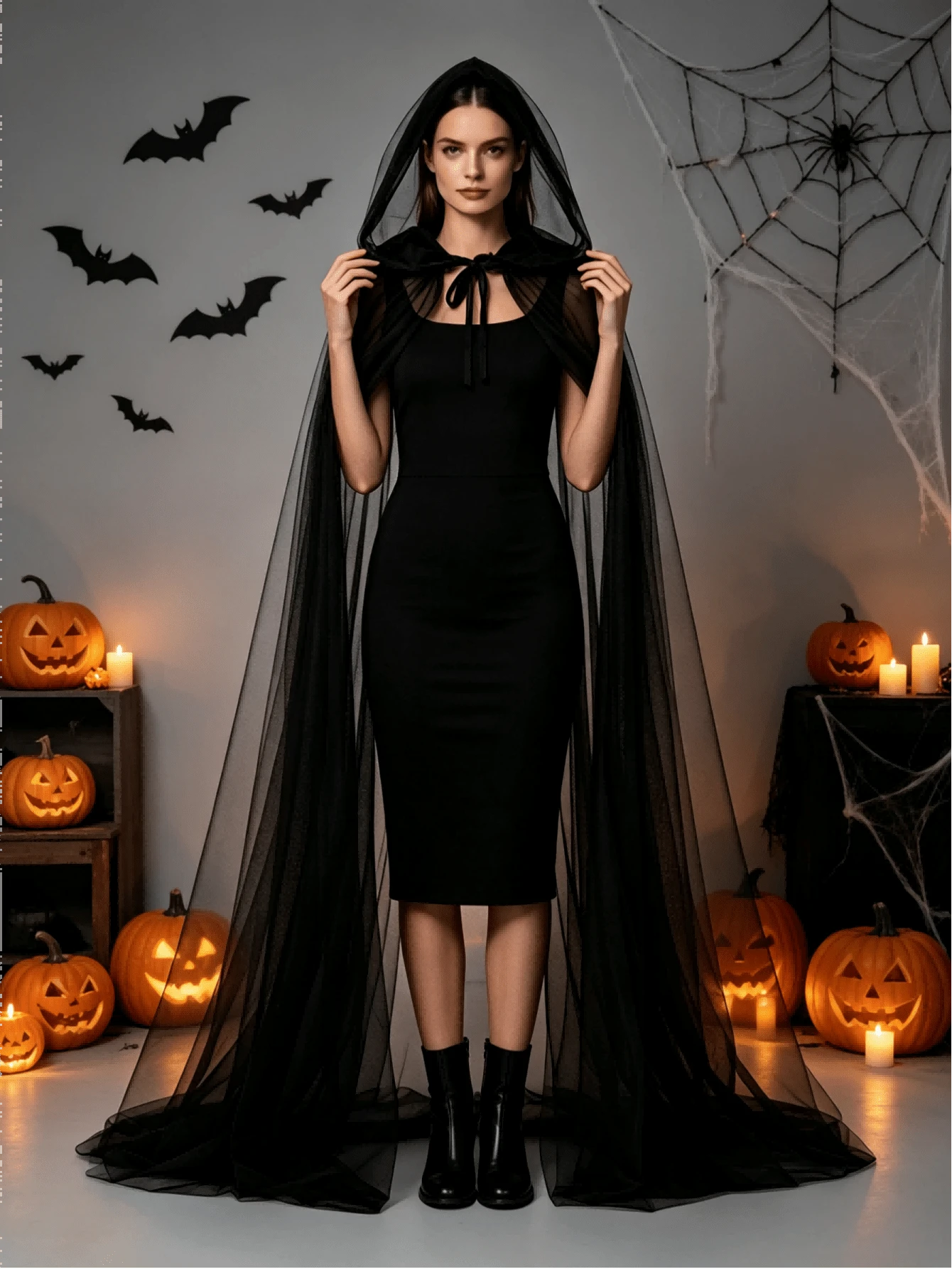 Halloween Cool Dark Style Long Hooded Cloak, Lightweight Mesh Material, Unisex; Classic Witch Cape, Suitable For Horror Theme Party, Cosplay, Bar Decor, Halloween Role Play - Multicolor - View 1