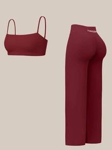 TimeOff 女款純色細肩帶露背內衣高腰收腹寬腿褲運動套裝 - 紅色 - 查看 5