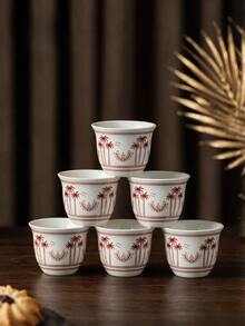 6pcs Tropical Palm Tree Decor Coffee Tea Cups With Gift Packaging, White Ceramic Mugs, Suitable For Saudi National Day Dinner Party, Ramadan Table Decor, Kitchen Countertop Display - Multicolor - View 8