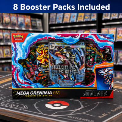pokemon Caja de Colección de Tarjetas de Intercambio con 8 Paquetes Booster Sellados, Tarjeta de Característica Estilo Foil, Tarjeta de Exhibición Lenticular de Tamaño Grande y Conjunto de Regalo con Pegatinas Tecnológicas