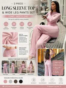 2 Stücke/Set Langarm-Top und weite Hose Outfit, lässiger Streetstyle Trainingsanzug, bequem für Frühling/Sommer - Pink - Übersicht 4
