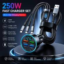 250W Multi-Port Fast Car Charger + All-In-One Charging Cable Set,Charge 6 Devices Simultaneously | Universal For All Cars | Smart Chip Braided Cable - Charge+Cable - View 1