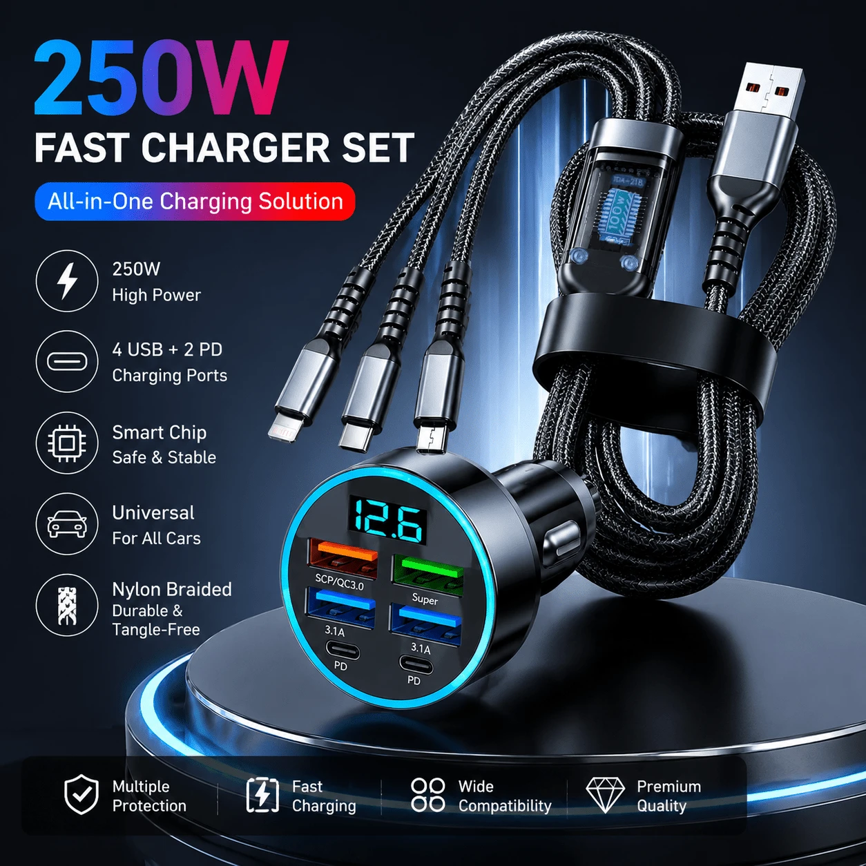 250W Multi-Port Fast Car Charger + All-In-One Charging Cable Set,Charge 6 Devices Simultaneously | Universal For All Cars | Smart Chip Braided Cable - Charge+Cable - View 1