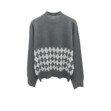 Women's Plus Size Knitwear Pullover Sweater With Argyle Pattern, High Neck, Long Drop Shoulder Sleeves And Tight Hem, Medium Stretch, For Fall Winter - Grey - View 8
