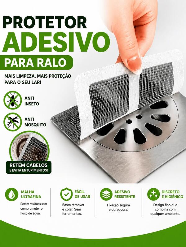Filtro de Ralo Descartável Tela Adesiva Protetora Anti Odor para Pia Banheiro Cozinha 10x10cm Coletor de Pelos Retém Cabelos Resíduos Sujeiras Evita Entupimentos Fácil Aplicação e Remoção