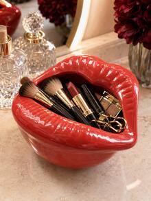 Glossy Red Lips Makeup Organizer, Vanity Storage Bowl For Brushes, Lipsticks, Mascara, Compacts And Beauty Tools; Creative Dressing Table Decor, Desktop Holder And Stylish Unique Gift For Makeup Lovers. - Classic - View 9