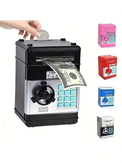 1 pieza Hucha con contraseña, depósito automático de efectivo y monedas, gran capacidad resistente, fácil de operar, excelente juguete para que los niños aprendan la gestión del dinero, negro
