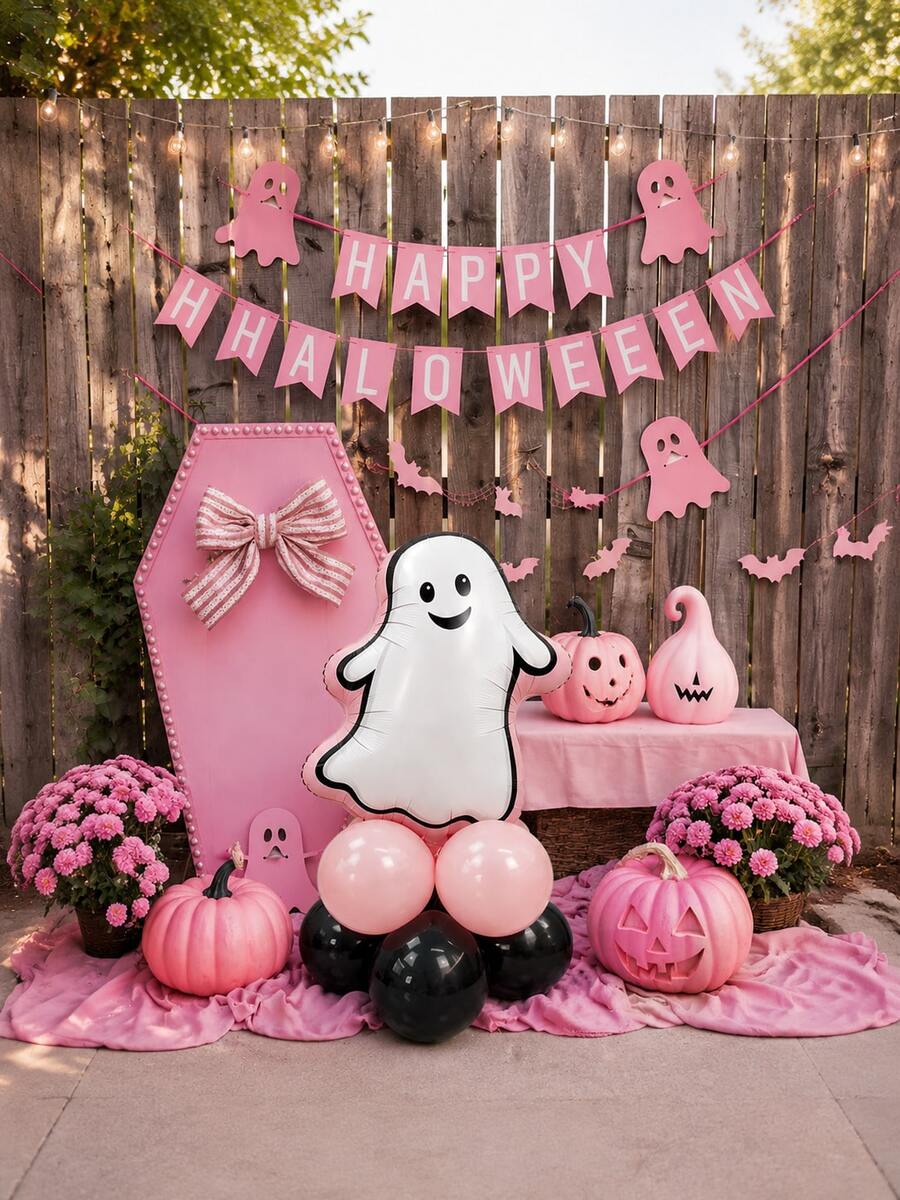 11pcs/Set Black & Pink Matte Ghost Balloon Column, Includes Matte Pink Trim Ghost Foil Balloons, Paired With Matte Light Pink & Matte Black Latex Balloon Base, Suitable For Halloween Theme Party - Multicolor - View 1