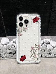 Fresh Polka Dot Vine Ladybug Print Transparent Shockproof Phone Case Unisex Compatible With Apple 17Pro Max/17Pro/17/16Pro Max/16Pro/15/15Pro Max/14Pro/14Pro Max/13Pro Max/13/12/11 Creative Phone Case Gift Accessory - Clear - View 3