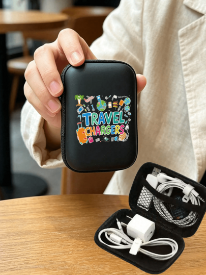 "Travel Chargers" Letter Pattern Sturdy EVA Hard Shell Portable Digital Storage Bag, Electronic Organizer, Mini Makeup Bag, Lipstick Storage Box, For Electronic Accessories, Earphones, Chargers, Coins, Travel-Size Skincare, Suitable For Vacation, Dorm, Office, Travel, Perfect Birthday Gift, Back To School Gift, School Season Gift, Teacher's Day Gift