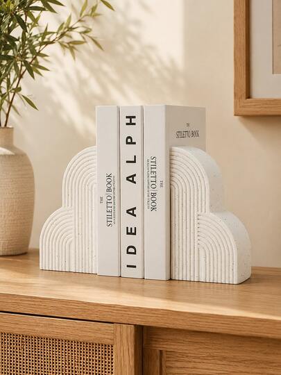 2pcs Modern Arch Bookends, White Resin Rainbow Bookends With Ribbed Geometric Design, Decorative Heavy Duty Bookshelf Book Supports, Suitable For Bookshelf, Office Desk, Living Room, Bedroom, Study, Library, Housewarming Gift