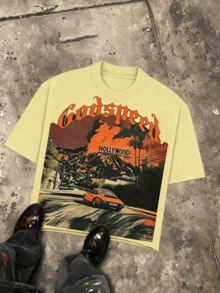 Holly Wood Hills Orange Sunset Distressed Gothic Dark Tee, Oversized 180g Soft Cotton, Streetwear Rebel Crew Neck For Men - 淺黃色 - 查看 11