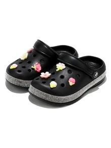 HOEASE Girls' EVA Clogs, Breathable Summer Beach Shoes & Garden Shoes For Boys & Girls, Slip-On Design, Shining Rhinestone Decoration, All Season Footwear - Black - View 2