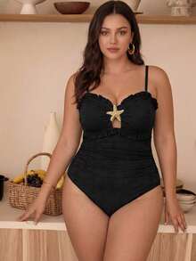 Plus Size Black Floral Jacquard Textured Spaghetti Strap One-Piece Swimsuit, Ruffle Hollow Out With Starfish Decor, Suitable For Summer Beach, Pool Party, Vacation, Back To School - Black - View 8