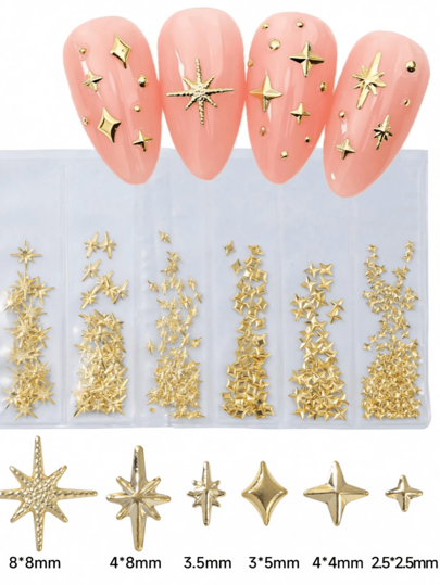 6 Grids 3D Star Nail Art Charms Set Golden Star Hexagram Rivets Studs For Diy Manicure 3D Metal Nail Decorations For Women Nail Tip Accessories Nail Supplies Nails Nail Gems