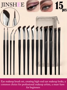 Conjunto de Pincéis para Delineador JINSHEE, 15 Pincéis Profissionais para Delineador, Pincel de Delineador de Precisão com Ponta Curva Ultra-Fina e Plana Chanfrada, e Lápis de Delineador, Equipado com Bolsa de Armazenamento de Maquiagem, A Primeira Escolha para Presentes - Preto - Visão 1