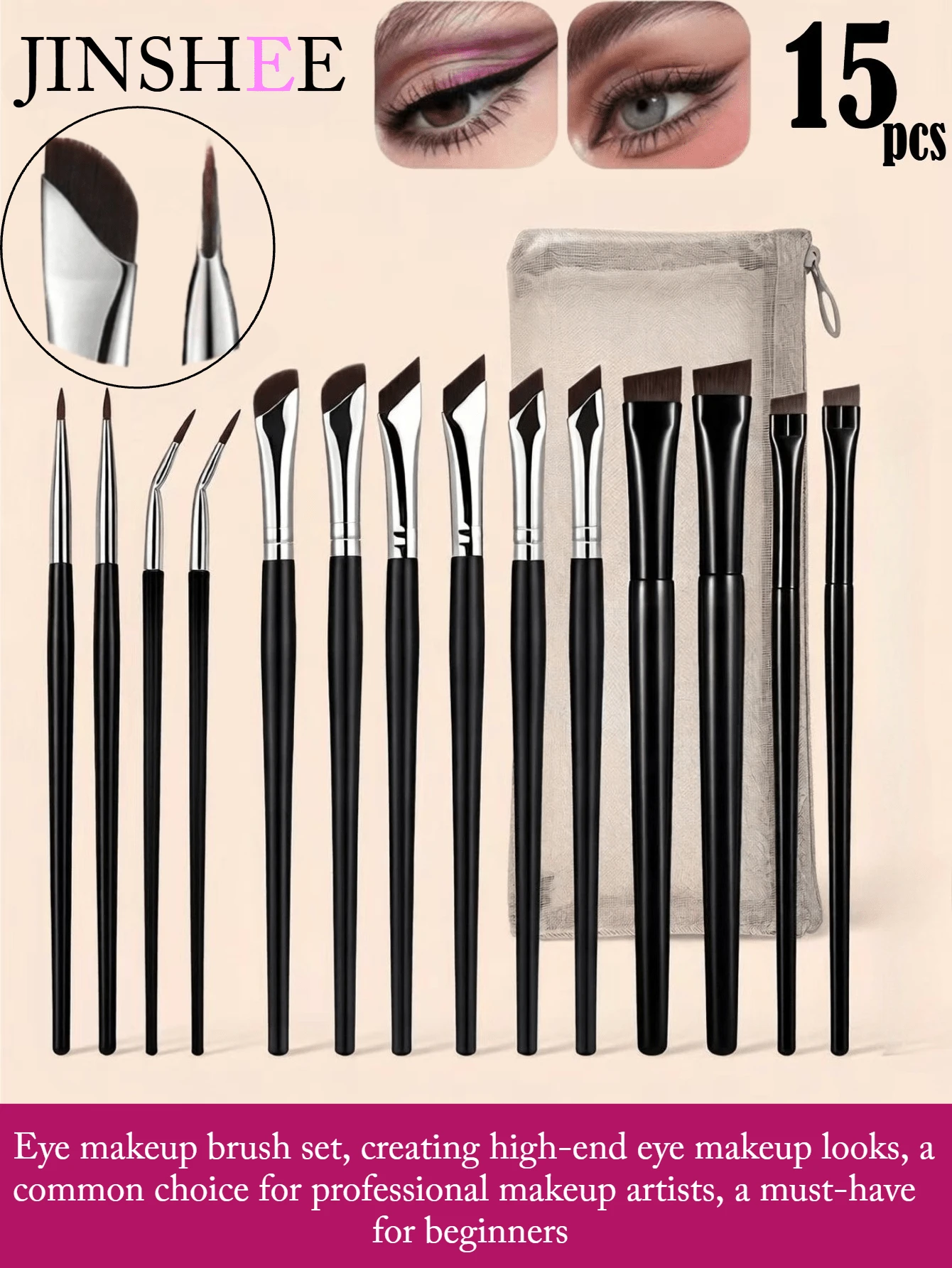 Conjunto de Pincéis para Delineador JINSHEE, 15 Pincéis Profissionais para Delineador, Pincel de Delineador de Precisão com Ponta Curva Ultra-Fina e Plana Chanfrada, e Lápis de Delineador, Equipado com Bolsa de Armazenamento de Maquiagem, A Primeira Escolha para Presentes - Preto - Visão 1