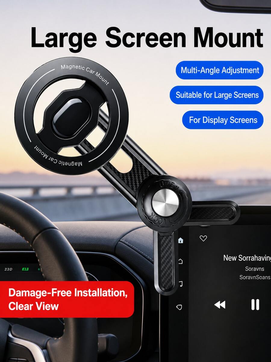 Car Center Console Magnetic Phone Holder, 360° Rotating Adjustable Arm Closed-Loop Magnetic Phone Mount, Strong Suction Non-Obstructing Screen Side Clip Phone Holder, Universal Fit For Tesla Large Screen Vehicles GPS Navigation Mount