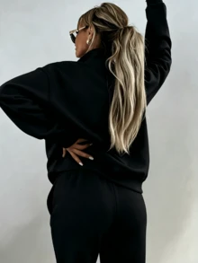 Women Solid Minimalist 2 Piece Loungewear Tracksuit Half Zip Stand Collar Oversized Drop Shoulder Sweatshirt Full Length Straight Leg Jogger Pants - Black - View 6