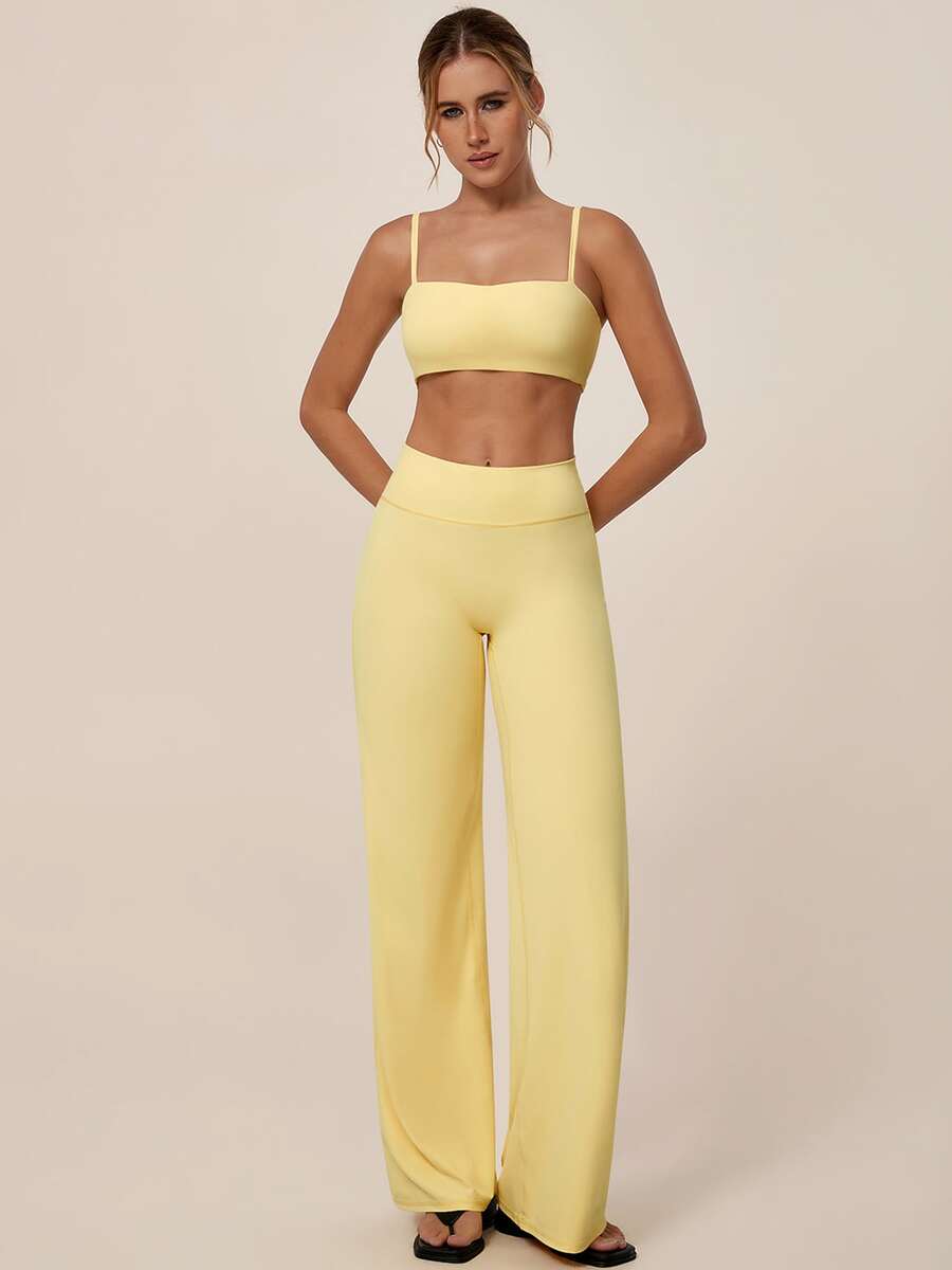 TimeOff Women's One Set Solid Color Thin Strap Backless Bra High Waist Tummy Control Wide Leg Pants Sports Set - Yellow - View 1