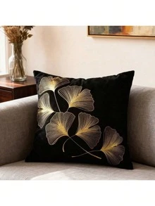 Funda de cojín con estampado de hojas de ginkgo dorado metálico sin relleno - Negro - Ver 8