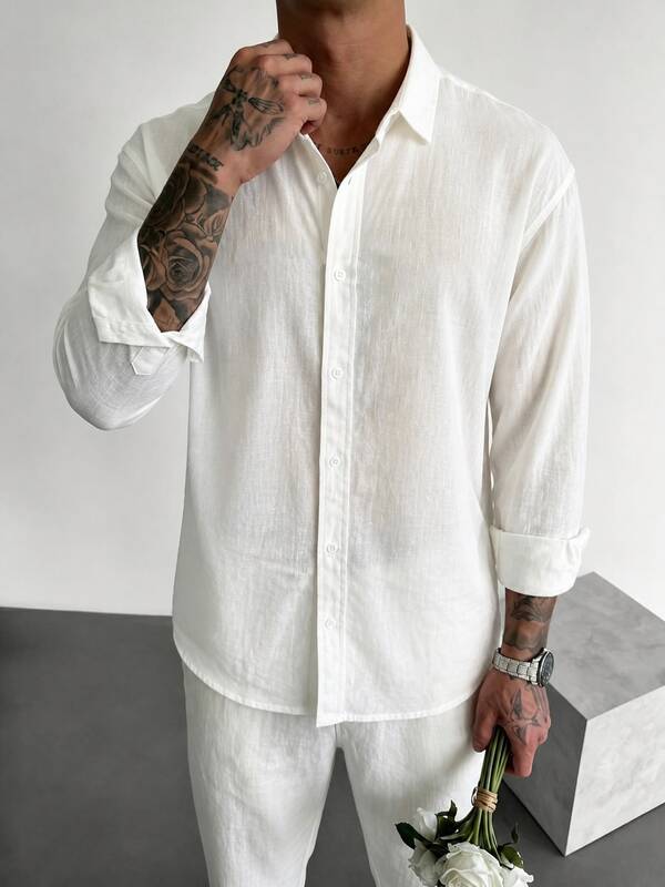 Heren linnen overhemd, minimalistisch wit, getextureerd, ademend, casual, lange mouwen