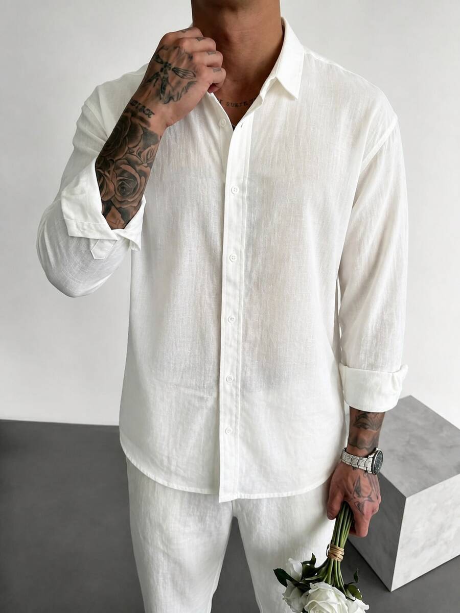 Men's Linen Shirt, Minimalist White Textured Breathable Casual Long Sleeve - White - View 1