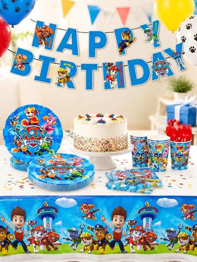 Paw Patrol 汪汪隊主題餐具套裝，包含耐用 7"/9" 紙盤、10 個紙杯、20 張餐巾紙、裝飾旗、桌布，適用於主題派對、新年聚會、生日派對、野餐