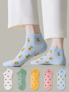 ZUJO 5 Pairs Women's Candy Color Short Socks, Fruit & Cherry Pattern, Suitable For Year-Round Home & Travel, Random Colors - Multicolor - View 4
