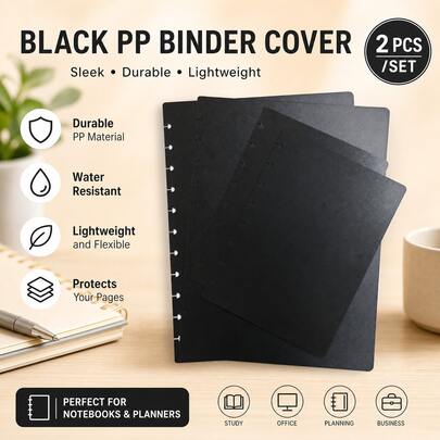 A4 A5 Optional 2PCS/SET Solid Black Waterproof PP Loose Leaf Binder Cover, Pre-Hole Punched Flexible Notebook Outer Cover Panel For Office File Sorting & Handmade Journal Crafting