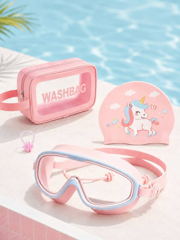 Children's Large Frame Swim Goggles Set, Unicorn Cartoon Swim Cap, Nose Clip, Portable Transparent Storage Bag Combination, Back To School