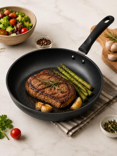 Sartén Antiadherente Negro 27 cm/31 cm, Sartén Grande para Freír Huevos, Carne, Verduras y Fajitas, Mango Ergonómico Largo, Fácil de Limpiar, Utensilio de Cocina para Uso Diario y Familiar, 1 Pieza