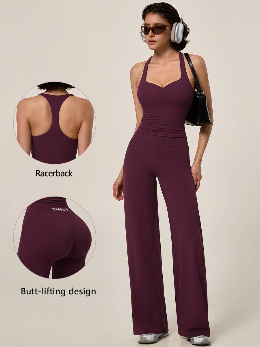 TimeOff Conjunto deportivo de mujer de un solo color con camisola de espalda nadadora con relleno extraíble y pantalones de cintura alta y pierna ancha - Morado - Ver 1