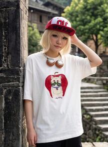 American Letter Graphic Oversized Y2K Casual Tee For Ladies "Apple Cat" Print Daily Short Sleeve Summer Top Fast Local Delivery - 白色 - 查看 1