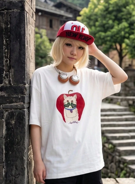 American Letter Graphic Oversized Y2K Casual Tee For Ladies "Apple Cat" Print Daily Short Sleeve Summer Top Fast Local Delivery - 白色 - 查看 1