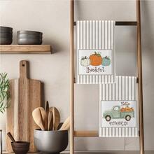 2pcs Light Brown Vertical Stripe Truck & Pumpkin Pattern Kitchen Towels, 40*60cm Soft Microfiber Tea Towels, Suitable For Home Kitchen Restaurant Outdoor Camping Tabletop Cleaning Dish Cloth Hand Towel Accessories, Autumn Atmosphere Holiday Gift - Multicolor - View 8