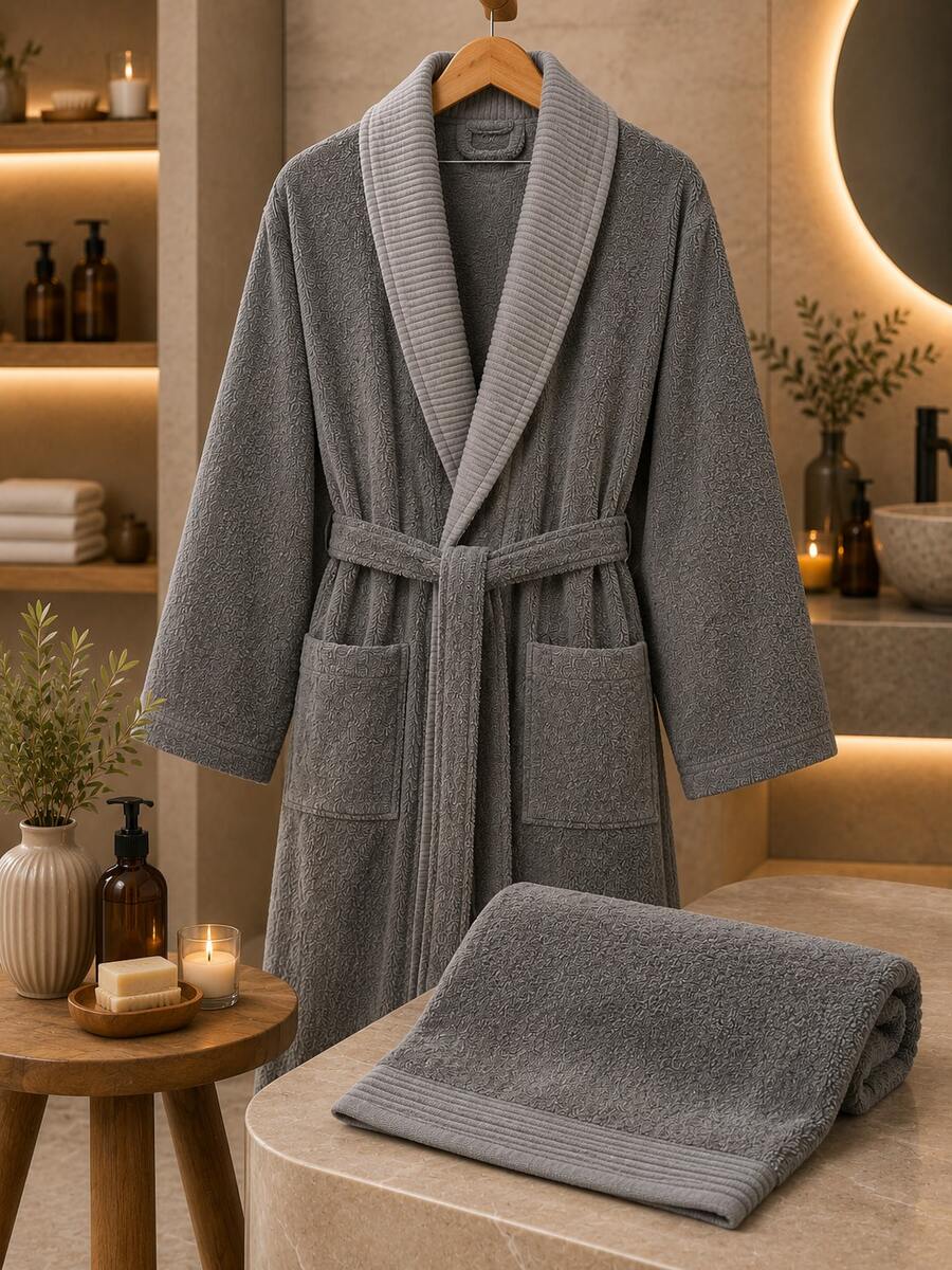 روب حمام بنمط ماسي من الجاكار مع ياقة شال - مقاسات S/M - L/XL - صنع في تركيا - رمادي غامق - مشاهدة 1