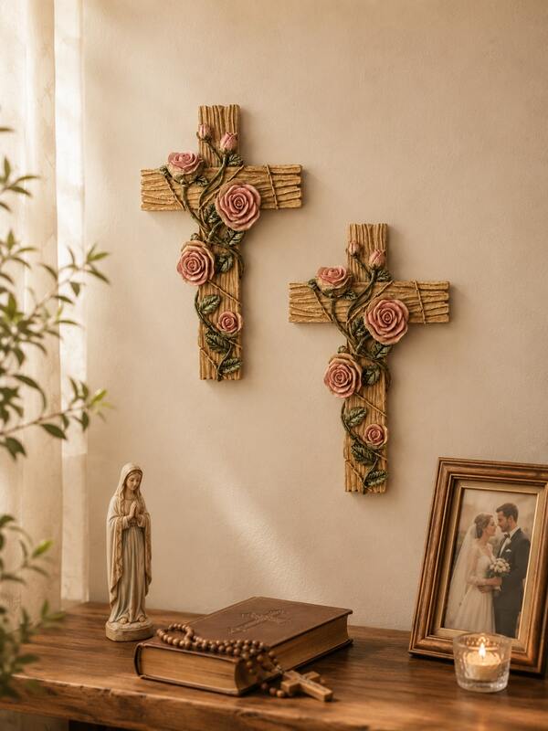 Floral Christian Wall Cross, Vintage Wood Look Resin Crucifix Decor With Pink Roses And Green Leaves, Inspirational Religious Wall Hanging For Bedroom, Living Room, Hallway, Prayer Corner, Church, Wedding And Housewarming Gift