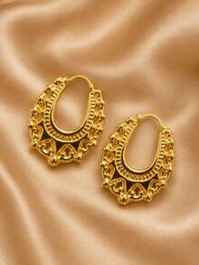 1 Pair Women's Earrings, Vintage Luxury Hoop Earrings With Floral Pattern, High-End Design, Fashionable Ear Clips, Versatile Commuter Earrings - Earrings - View 2