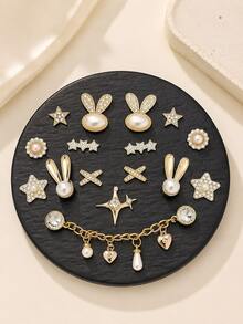 16PCS Gold Bunny Star Shoe Charms Set, Pearl Rhinestone Chain DIY Decoration Accessories, Cute Elegant ABS Charms For Clogs Sandals Shoes, Women Girls - Gold - View 5