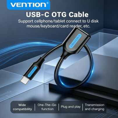 VENTION USB-C OTG 轉接線，Type-C 公頭轉 USB 2.0 母頭連接器，相容於筆記型電腦、智慧型手機與平板電腦