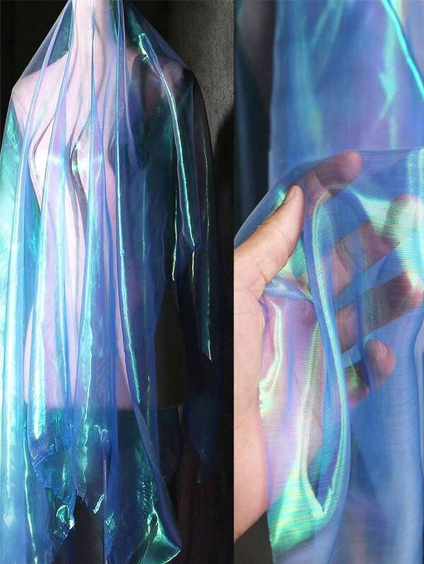 1pc Vintage Blue & Gold Gradient Semi-Transparent Watery Organza Fabric, Retro Creative Designer Fabric For Evening Gown And Wedding Dress