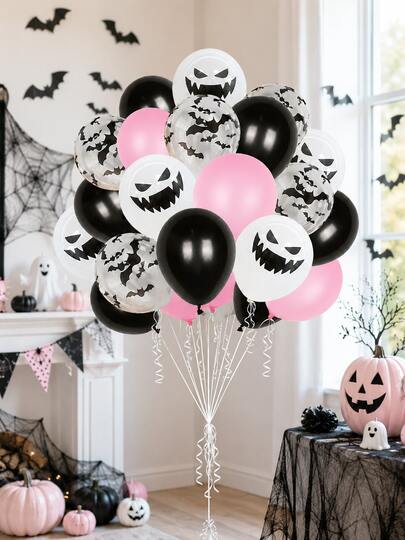 40pcs Halloween Bat Print Balloon Set, Includes Matte Black, Pink, Transparent Bat And Evil Smile Printed Latex Balloons, Suitable For Halloween Theme Party, Haunted House Store Decoration, Girl Style Birthday, Day Of The Dead Theme Photo Spot