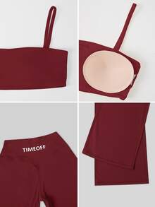 TimeOff 女款純色細肩帶露背內衣高腰收腹寬腿褲運動套裝 - 紅色 - 查看 4