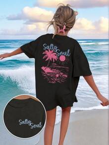 Women's Black Salty Soul Palm Tree Graphic T-Shirt, Oversized Short Sleeve Tee, Vacation Outfits Women, Back To School Clothes, Fall Casual Top - 黑色 - 查看 1