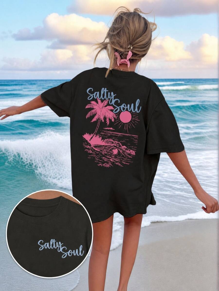 Women's Black Salty Soul Palm Tree Graphic T-Shirt, Oversized Short Sleeve Tee, Vacation Outfits Women, Back To School Clothes, Fall Casual Top - 黑色 - 查看 1