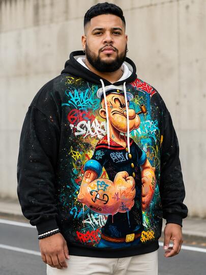 Men's Plus Size Casual Hooded Sweatshirt, Polyester Knit Fabric, Comfortable And Breathable, Fashionable Casual Cute Fun "Graffiti Sailor" Pattern, Streetwear Loose Top, Unique Fresh Series