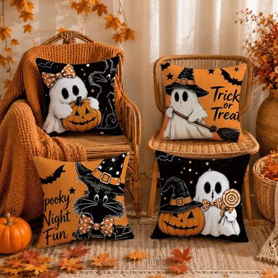 Juego de 4 fundas de cojín de otoño Halloween con calabaza naranja y negra, fantasma y gato negro, estampado de un solo lado en material de poliéster piel de durazno, 45*45CM/18*18 pulgadas, adecuadas para decoración de habitación, decoración de sala de estar minimalista moderna, regalo, decoración de fiesta