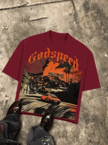 Holly Wood Hills Orange Sunset Distressed Industrial Metal Tee, Oversized 180g Heavyweight Cotton, Night Street Top For Men - 酒紅色 - 查看 10